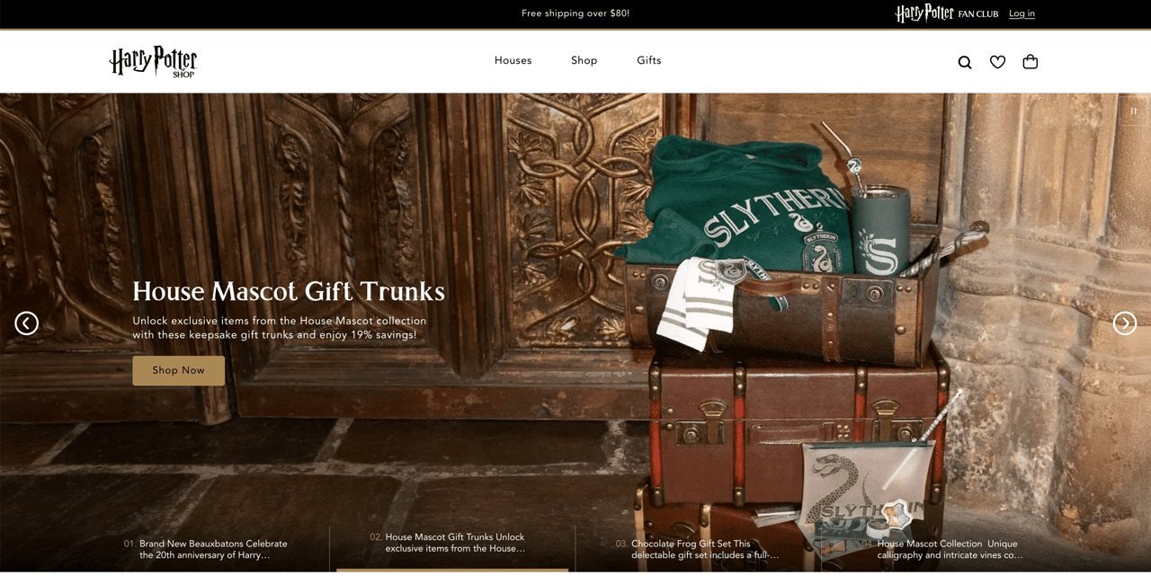 Harry Potter Shop home page featuring House Mascot gift trunks